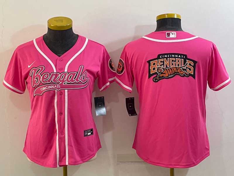 Women%27s Cincinnati Bengals Pink Team Big Logo With Patch Cool Base Stitched Baseball Jersey